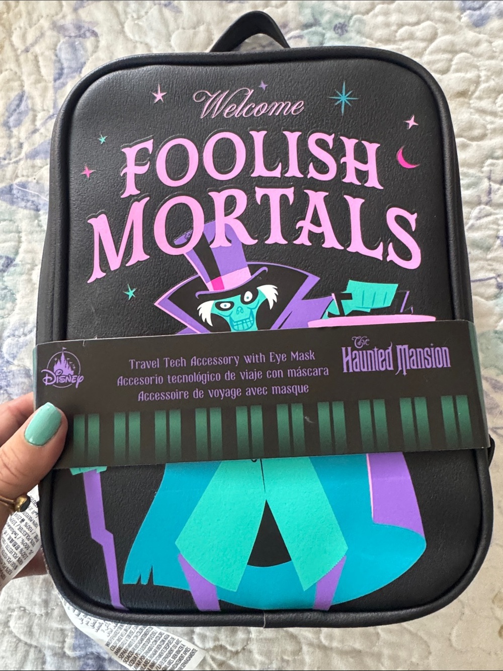 Disney Haunted Mansion Black Travel Tech Pouch with Pink & Teal Artwork